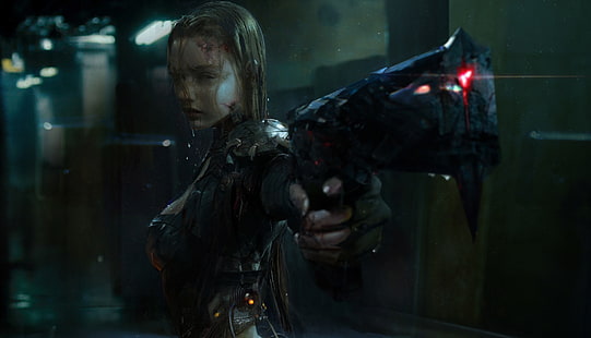 wanita memegang pistol wallpaper digital, cyberpunk, pistol, wanita, hujan, fiksi ilmiah, Huang Fan, Wallpaper HD HD wallpaper