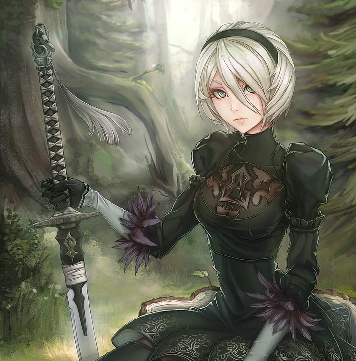 yellow-haired female in green dress character illustration, anime, anime girls, NieR, short hair, gray hair, sword, weapon, forest, Nier: Automata, HD wallpaper