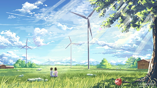 moinhos de vento e crianças sentadas nos campos de grama pintura, anime, personagens originais, céu, paisagem, HD papel de parede HD wallpaper