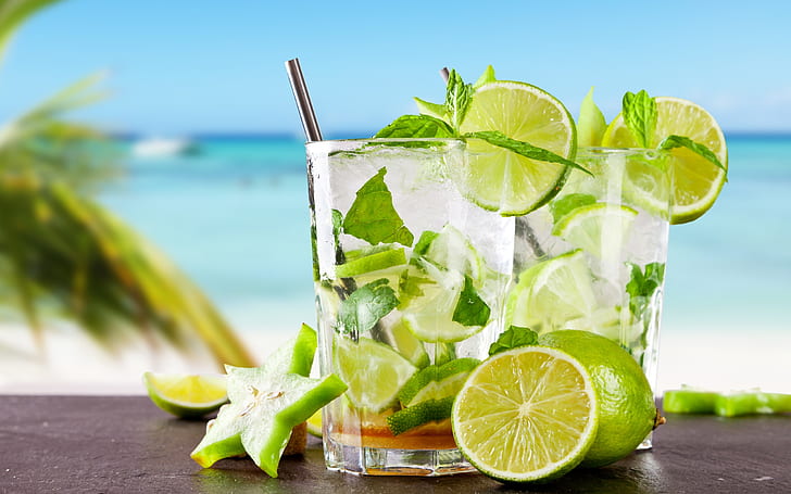 Tropical cocktail mojito, lemon, cool, summer drinks, Tropical, Cocktail, Mojito, Lemon, Cool, Summer, Drinks, HD wallpaper