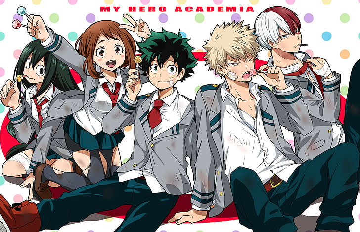 Anime, My Hero Academia, Izuku Midoriya, Katsuki Bakugou, Ochaco Uraraka, Shouto Todoroki, Tsuyu Asui, HD wallpaper