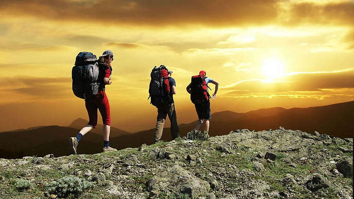 Mountain Sports, mountain, backpacks, sunset, hikers, 3d and abstract, HD wallpaper