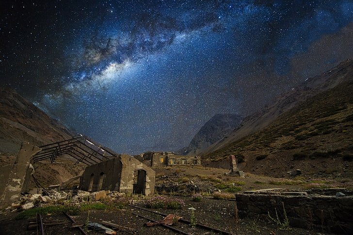 nature, landscape, train station, abandoned, mountains, Milky Way, galaxy, starry night, railway, Chile, long exposure, HD wallpaper