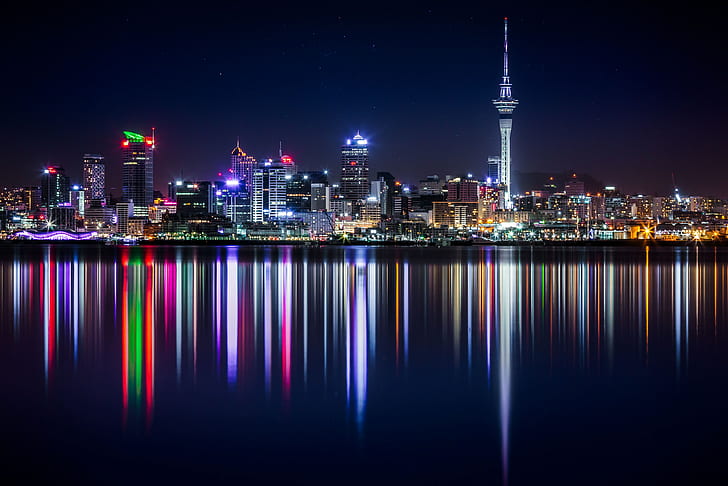 отражение, Новая Зеландия, ночь, Окленд, HD обои