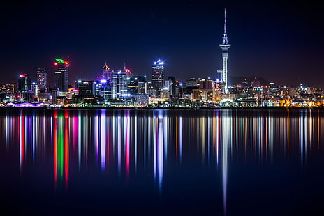 отражение, Новая Зеландия, ночь, Окленд, HD обои HD wallpaper