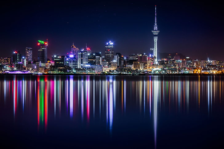 Paysage urbain du Canada, reflet, nuit, Auckland, Nouvelle Zélande, Fond d'écran HD