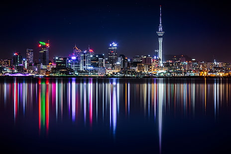 Cityscape Kanada, refleksi, malam, Auckland, Selandia Baru, Wallpaper HD HD wallpaper