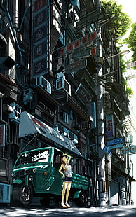 серая многоэтажка, город, рисунок, работа, аниме, аниме девушки, HD обои HD wallpaper