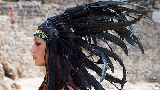 women's black and gray native American feather headdress, profile, indian, girl, HD wallpaper HD wallpaper
