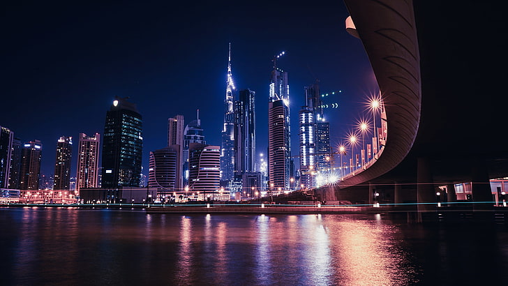 natt, motorväg, stad, Dubai, Burj Khalifa, HD tapet