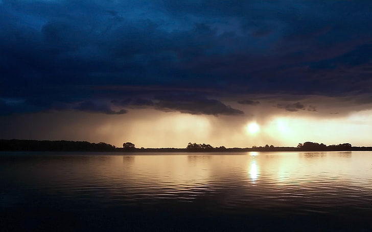 siluet pulau, danau, awan, sinar matahari, refleksi, alam, Wallpaper HD