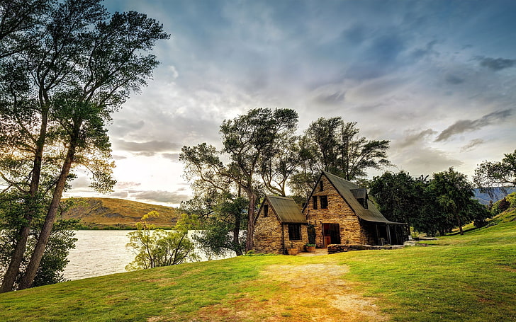 beige stone house, cottage, river, HDR, HD wallpaper