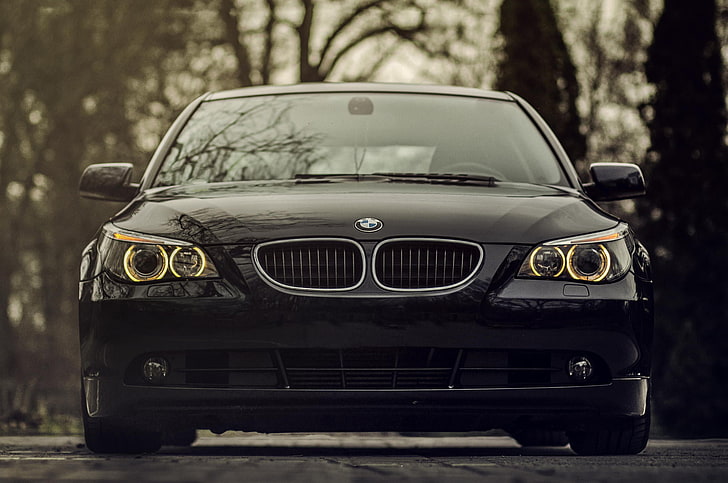 черно превозно средство BMW, bmw, 520d, черно, изглед отпред, предна броня, HD тапет