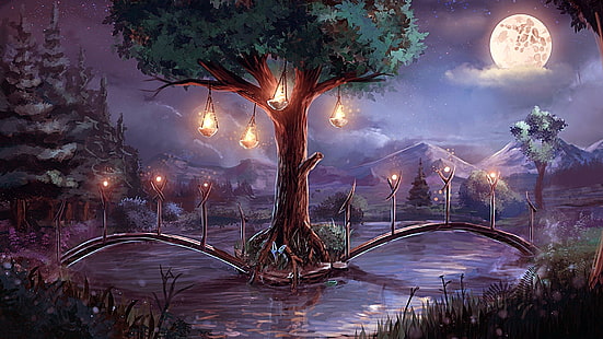 moon, fantasy art, fantasy landscape, bridge, moonlight, night, artwork, pond, lantern, full moon, HD wallpaper HD wallpaper