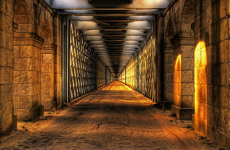 brauner Beton Flur, Sicht, Architektur, Tunnel, Bogen, HDR, Sonnenlicht, Santiago de Compostela, Valencia, Spanien, HD-Hintergrundbild HD wallpaper
