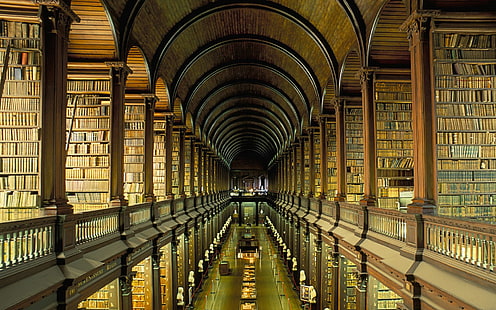 архитектура, книги, колледж, Дублин, Ирландия, библиотека, полки, HD обои HD wallpaper