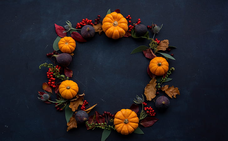 秋デコリース、休日、ハロウィーン、秋、果物、装飾、花輪、カボチャ、季節、自家製、感謝祭、イチジク、 HDデスクトップの壁紙