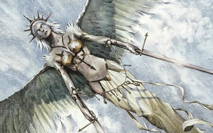 امرأة مع خلفية السيوف ، الخيال ، الملاك المحارب، خلفية HD
