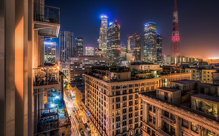 Los Angeles At Night, building lot, United States, California, Lights, City, Dark, View, Night, Street, Architecture, Late, canon, Downtown, Balcony, Apartment, losangeles, canon5d, 5dmark3, canon5dmarkiii, downtownla, krkd, HD wallpaper