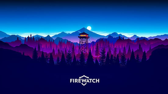 Firewatch digital wallpaper, purple and blue mountains illustration, Firewatch, video games, forest, nature, landscape, mountains, sunset, pine trees, artwork, digital art, illustration, watchtower, Olly Moss, Gamer, HD wallpaper HD wallpaper