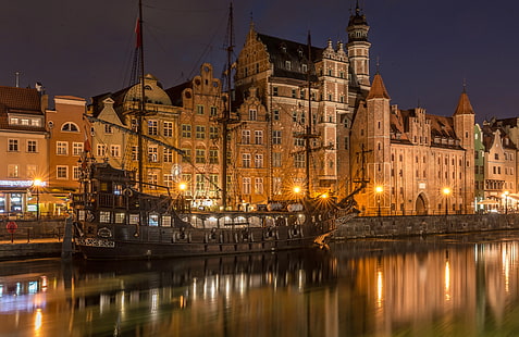  river, ship, building, home, Poland, night city, frigate, Old Town, Gdansk, The River Motława, Motława River, HD wallpaper HD wallpaper