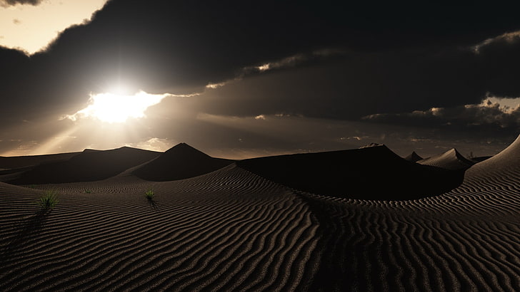 landscape photo of desert, landscape, desert, sand, dune, nature, clouds, Sun, shadow, HD wallpaper