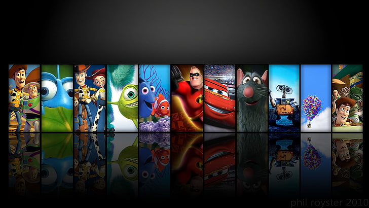 Kolaż plakatów z filmu Disneya, Pixar Animation Studios, Toy Story, A Bug's Life, Toy Story 2, Monsters, Inc., Ratatouille, WALL · E, Up (film), Toy Story 3, Cars (film), Finding Nemo, The Incredibles , odbicie, Tapety HD