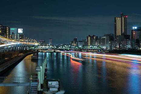 wieżowiec przed akwenem wodnym zdjęcie w porze nocnej, rzeka Sumida, wieżowiec, front, zbiornik wodny, zdjęcie, w porze nocnej, Olympus E-M5 Mark II, Voigtlander, 25 mm, Tokio, Night Light, Asakusa, noc, pejzaż miejski, architektura, rzeka, scena miejska, panorama miejska, most - konstrukcja stworzona przez człowieka, ruch uliczny, ulica, słynne miejsce, miasto, Tapety HD HD wallpaper