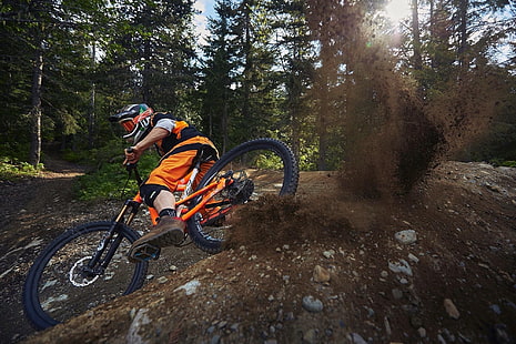 orange and black bike, Downhill mountain biking, mountain bikes, dirt, sport, sports, bicycle, men, HD wallpaper HD wallpaper