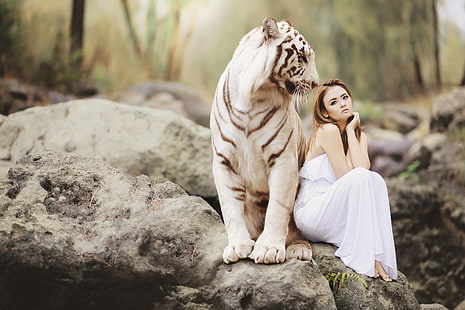 white tiger, girl, tiger, photography, hd, 4k, 5k, HD wallpaper HD wallpaper