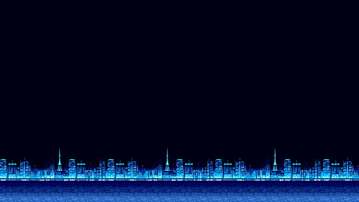 青いLEDライト、夜間の高層ビルの写真、ピクセルアート、都市景観、 HDデスクトップの壁紙