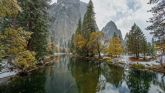 reflektion, Yosemite National Park, vatten, vildmark, snö, träd, blad, Yosemite Valley, höst, National Park, dal, flod, merced river, berg, HD tapet HD wallpaper