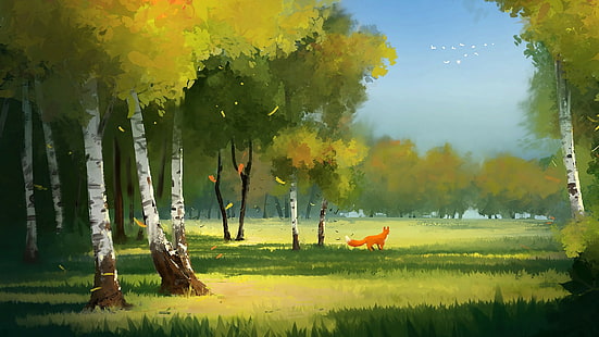 renard, nature, peinture, arbre, prairie, automne, art de la peinture, paysage, peinture aquarelle, champ, Fond d'écran HD HD wallpaper