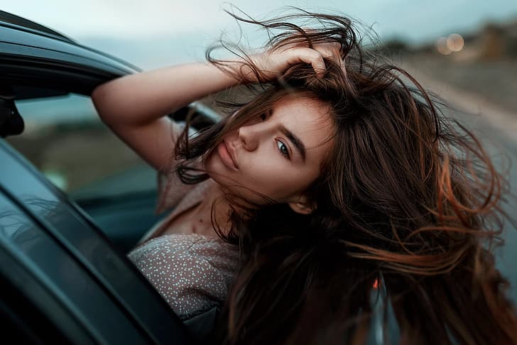 auto, girl, the wind, hair, Juliana Naidenova, HD wallpaper
