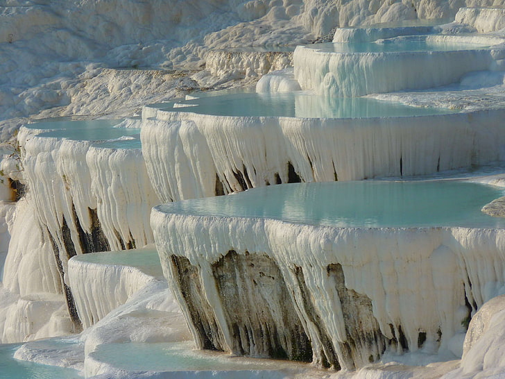 calcium, geology, landscape, lime sinter terrace, limestone, mineral, natural, pamukkale, thermal springs, turkey, unesco, water, HD wallpaper