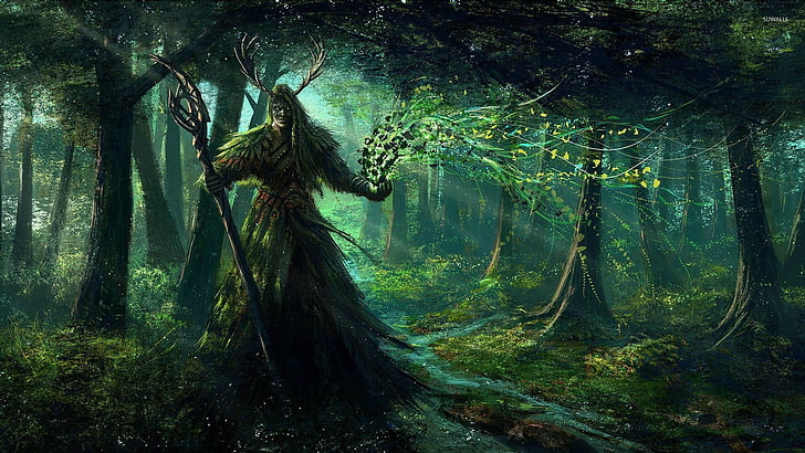 foresta mostro personaggio anime wallpaper, fantasy art, arte digitale, opere d'arte, alberi, foresta, piante, buio, creatura, acqua, raggi di luna, druidi, Sfondo HD