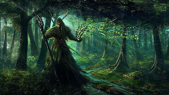 forest monster anime karaktär tapeter, fantasy konst, digital konst, konstverk, träd, skog, växter, mörk, varelse, vatten, månstrålar, druider, HD tapet HD wallpaper