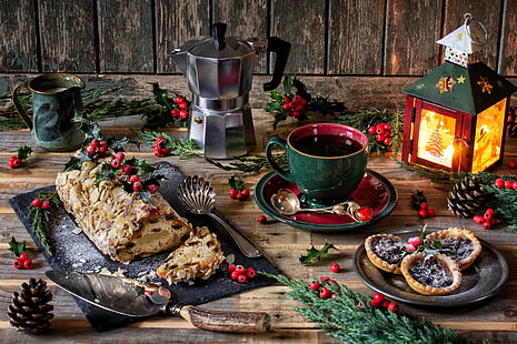 branches, style, berries, coffee, Christmas, mug, lantern, cake, bumps, cakes, treat, Holly, coffee pot, Stollen, HD wallpaper HD wallpaper