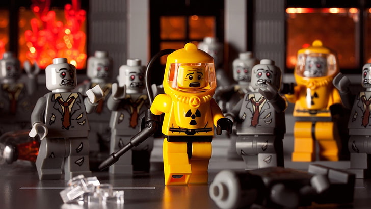 juguetes de plástico Lego gris y naranja, LEGO, humor, zombies, Fondo de pantalla HD