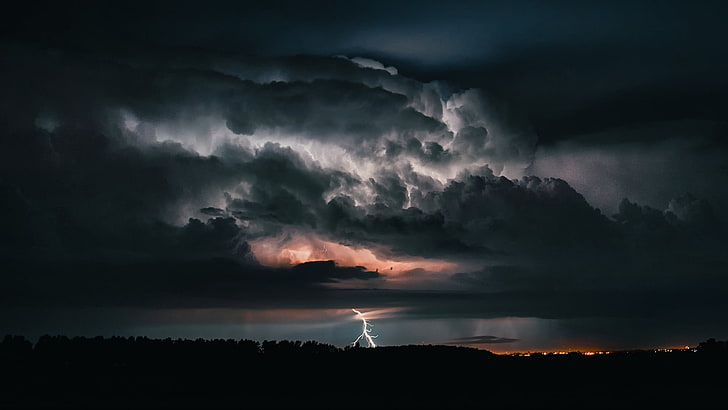 nature, clouds, sky, storm, lightning, trees, lights, dark, HD wallpaper