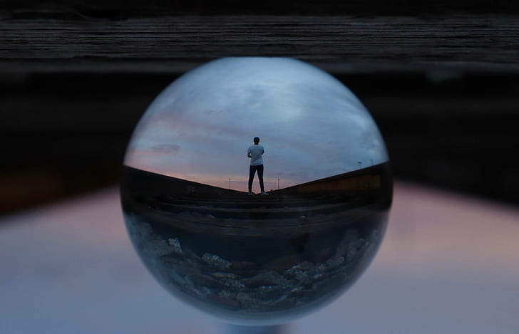 action, ball, ball shaped, blur, clear, close up, dark, dusk, evening, glass, journey, landscape, light, man, night, outdoors, person, perspective, reflection, round, sky, soap bubble, sphere, sunset, train tracks, trave, HD wallpaper
