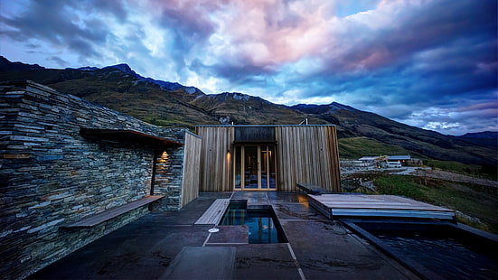 casa de madera marrón, cabaña, moderna, casa, montañas, paisaje, piscina, Fondo de pantalla HD HD wallpaper