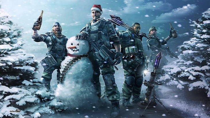 Ammobelt, ammunition, army, Army Gear, christmas, gun, Killzone, snow, snowman, Wine, winter, HD wallpaper