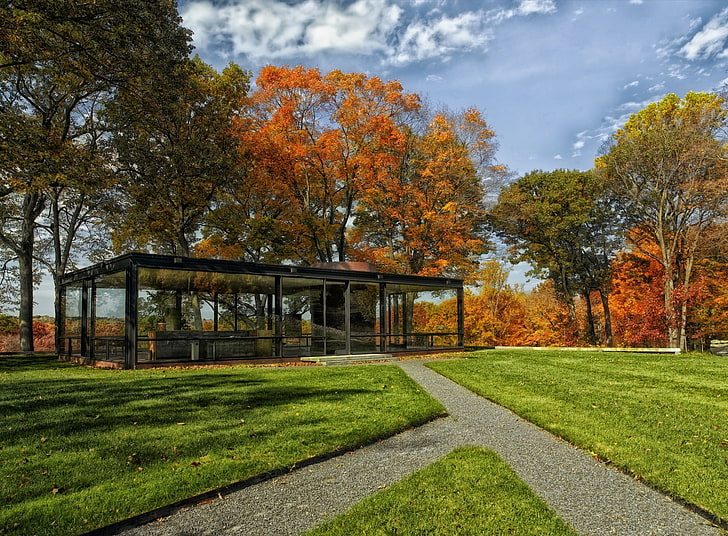 Glass House, black and gray shed near orange and green leaf trees, Seasons, Autumn, Nature, Landscape, Trees, Home, Clouds, Fall, Scenic, Historic, Outside, foliage, Lawn, historical, landmark, philip johnson glass house, HD wallpaper