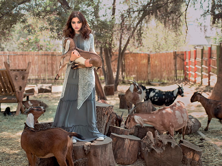 animals, women, model, goats, brunette, dress, Odeya Rush, HD wallpaper