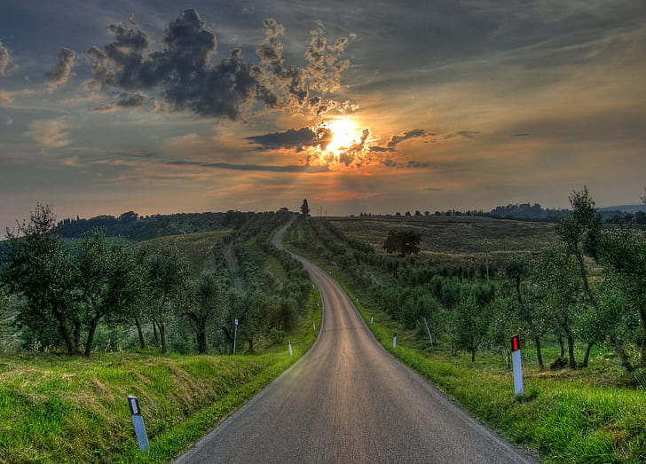 photo of road during golden hour, italy, italy, Crete Senesi, Sunset, SI, Italy, July 4, photo, road, golden hour, HDR, strada, tramonto, colline, hills, toscana, tuscany, olive  trees, Yabbadabbadoo, nature, rural Scene, landscape, summer, outdoors, tree, cloud - Sky, HD wallpaper