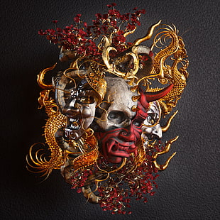  billelis, dark, religion, death, skull, samurai, gold, red, HD wallpaper HD wallpaper