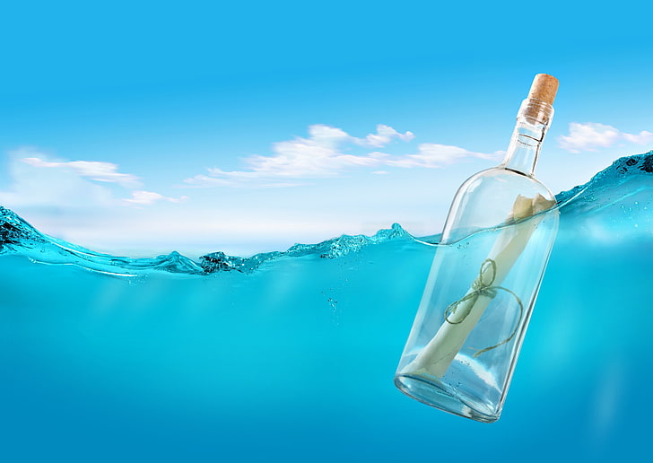 clear glass message bottle, bottles, cork, paper, underwater, water, bubbles, clouds, split view, cyan, HD wallpaper
