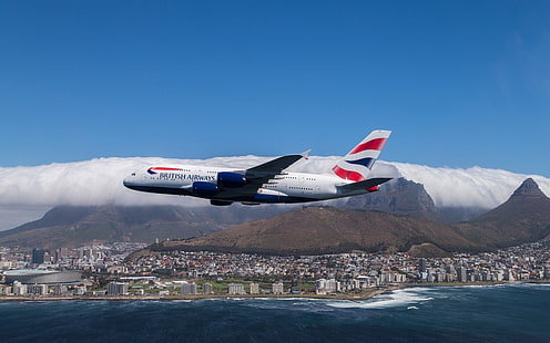 mar, o céu, a cidade, voo, Airbus, British Airways, A380, A-380, HD papel de parede HD wallpaper