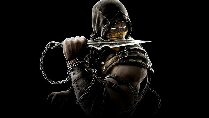 Wallpaper Mortal Kombat Scorpion, video game, Scorpion (karakter), Mortal Kombat X, Mortal Kombat, latar belakang sederhana, Wallpaper HD